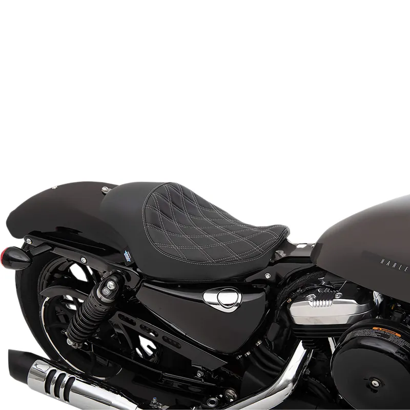 3/4 Low Solo Seat - Double Diamond - Black w/Silver Stitching - fits 2004-Up Harley-Davidson Sportsters Special Discount