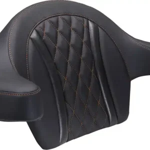 Mustang - 08220638 - Deluxe Extended Arm Wrap-around Backrest - Diamond - Mandarin Orange Stitch - FLT/FLH '23-'25 Buy Today