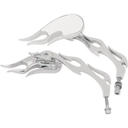 Drag Specialties     3-D Flame Die-Cast Mirrors With Flame Stem Authentic